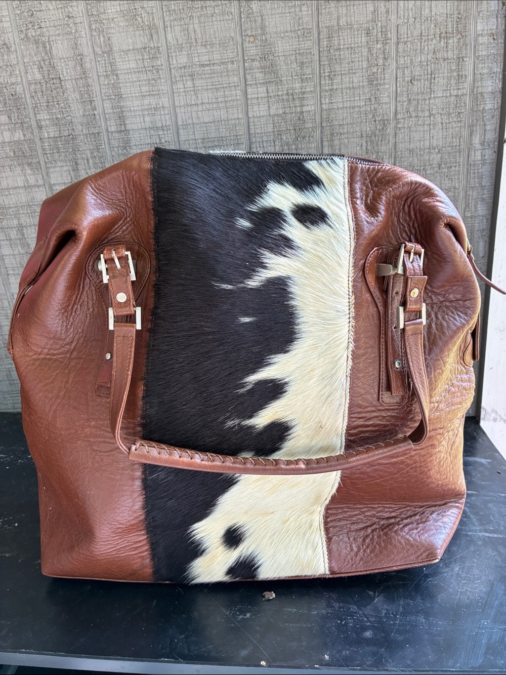 Brown Leather Travel Tote with Black & White Haircalf Panel